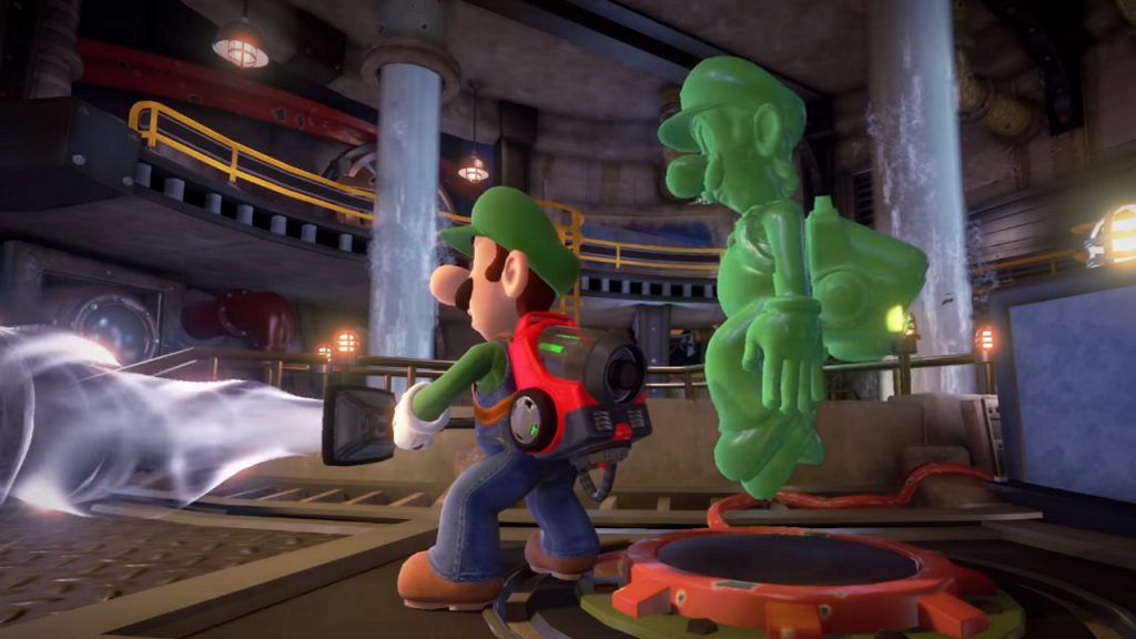 Luigis Mansion 3 with Luigi and Gooigi Teaming Up Luigi's Mansion 3 coop vacuuming ghosts with gooigi at his back in Luigis mansion 3
