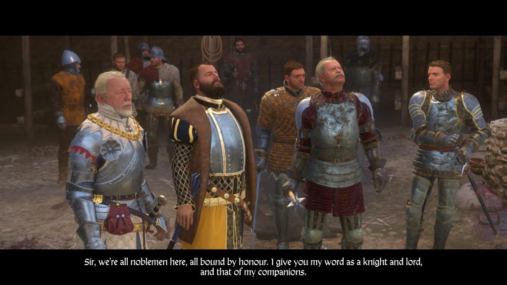 Kingdom Come Deliverance Sir Divish, Sir Hanush, Hans Capon, Captain Robard and Henry negotiating