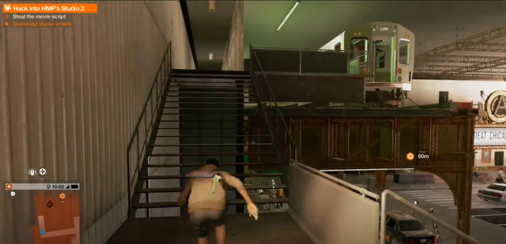 Watch Dogs 2 Marcus sneaking around the cyber driver movie set with a train car in the background