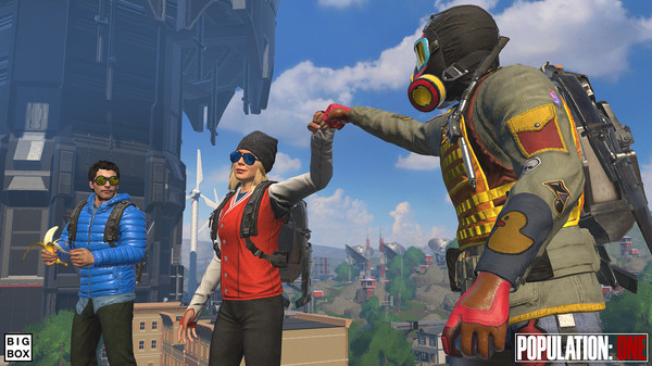 Population One Teammates Population One 3 team mates with 1 eating a banana while the other 2 fist bump