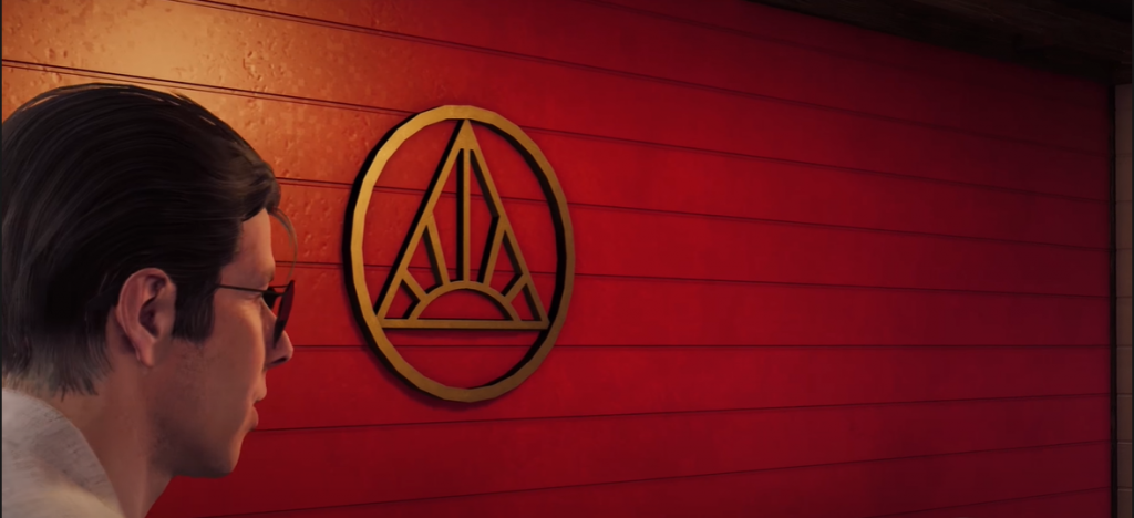 Watch Dogs 2 Jimmy Siska leaving the red room which has a red wall with a golden new dawn logo on the wall