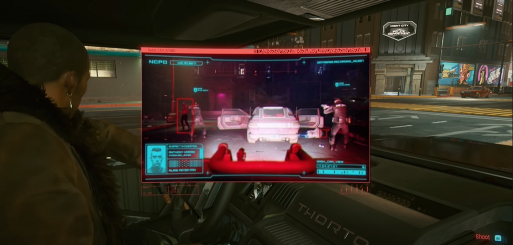 Cyberpunk 2077 Peter Pan News Report Cyberpunk River showing a news report of Anthony Harris being shot by police while his victim falls out of the car