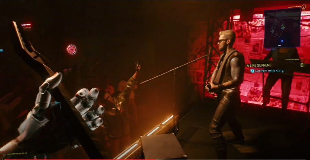 Cyberpunk 2077 V as Johnny silverhand playing the guitar next to Kerry Eurodyne