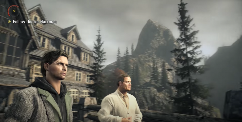 Alan Wake at Dr Hartman's Clinic Alan Wake next to Dr Hartman behind his clinic with the trees and mountains in the background