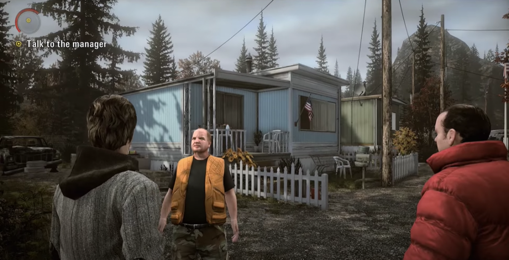 Alan Wake Visiting the Trailer Park Alan Wake next to Barry talking to the trailer park manager with the trailers in the background