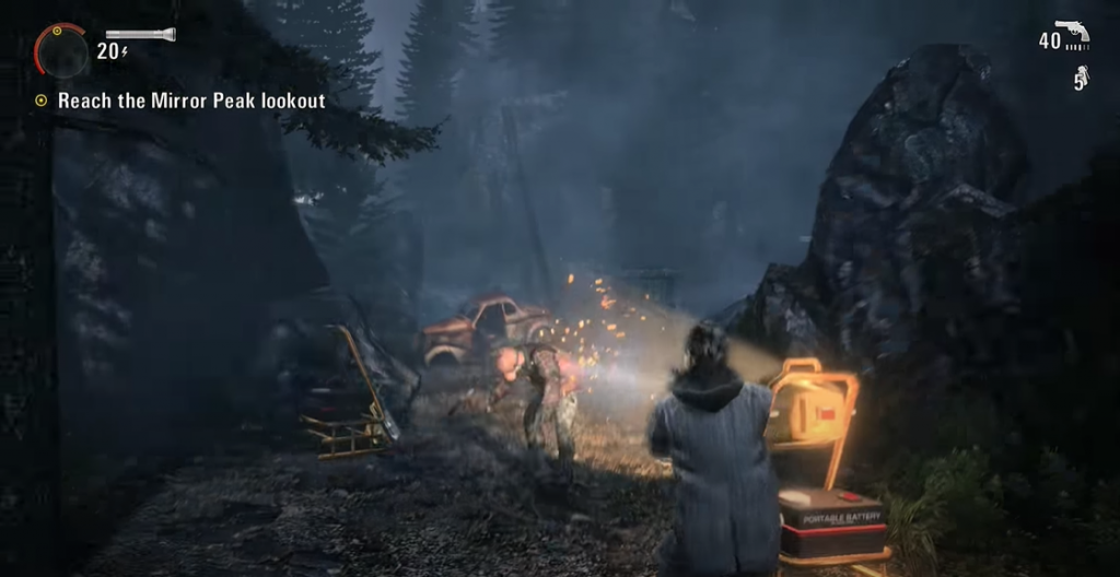 Alan Wake Using Light as a Weapon Alan wake using a construction light to blind the shadow people and shooting them with a revolver