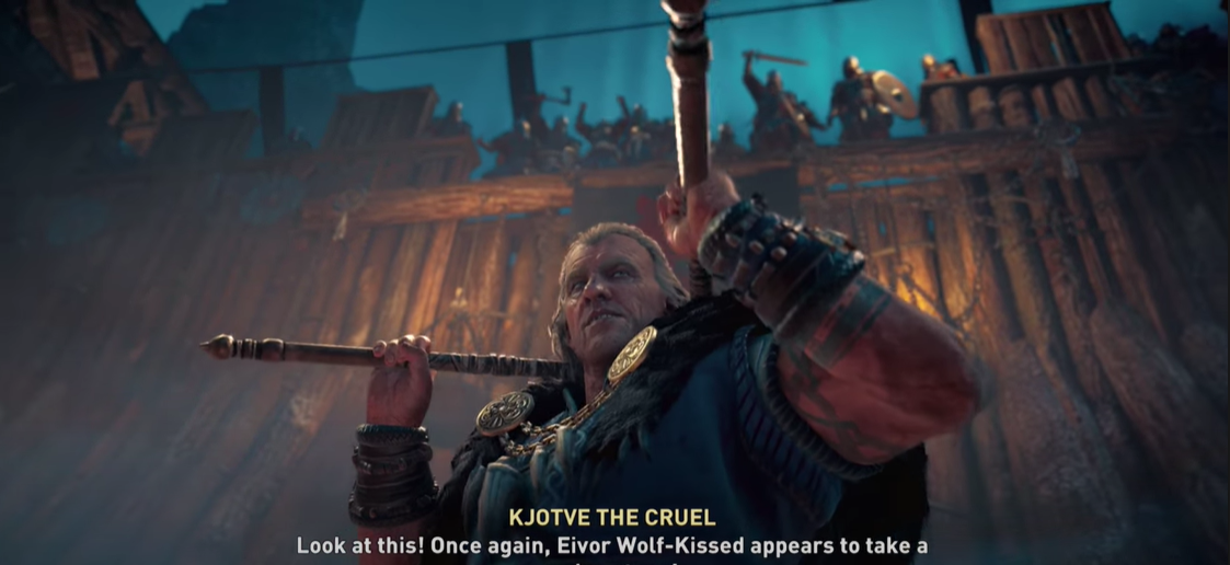 Assassin's Creed Valhalla Kjotve the Cruel with his axes and fortress behind him