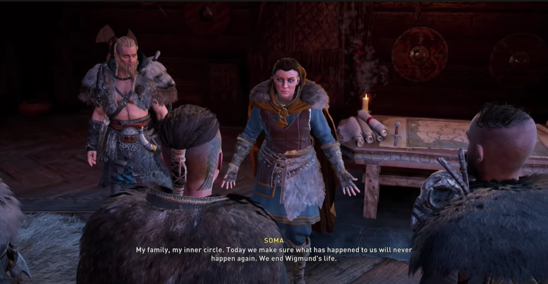 AC Valhalla Soma speaking to her advisors Galinn, Birna and Lif, while Eivor watches