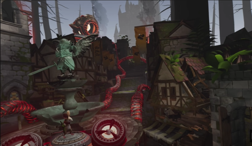 Moss VR looking at power core and power lines for giant mechanical eye sentry