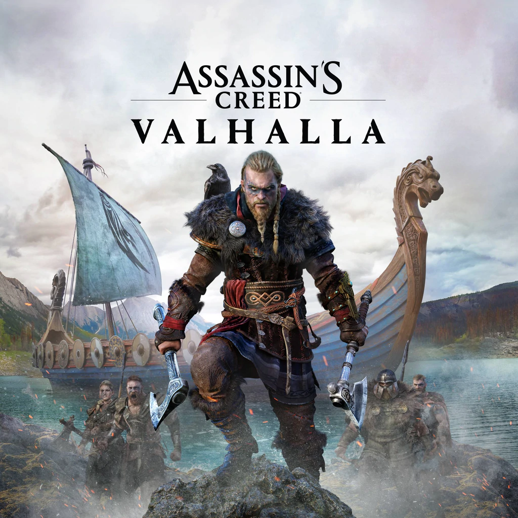 Assassin's Creed Valhalla cover art with viking boat in the background and Eivor carrying axes
