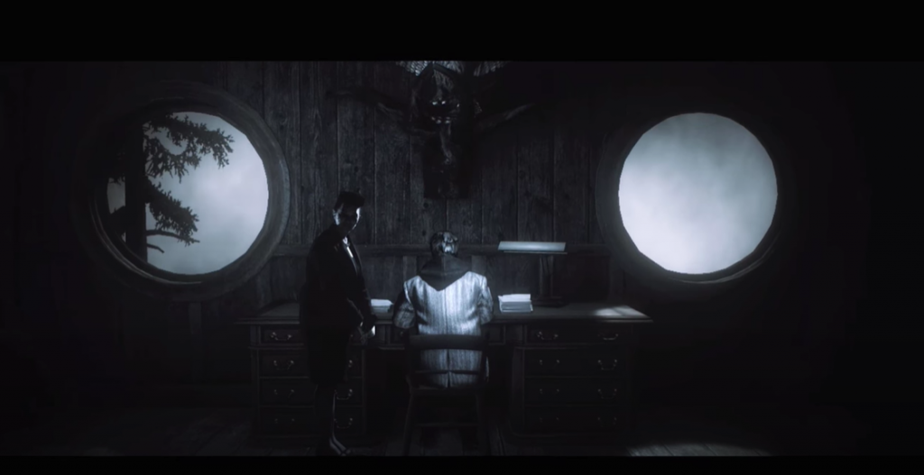 Alan Wake sitting at the typewriter in the cabin with dark Barbara Jagger supervising