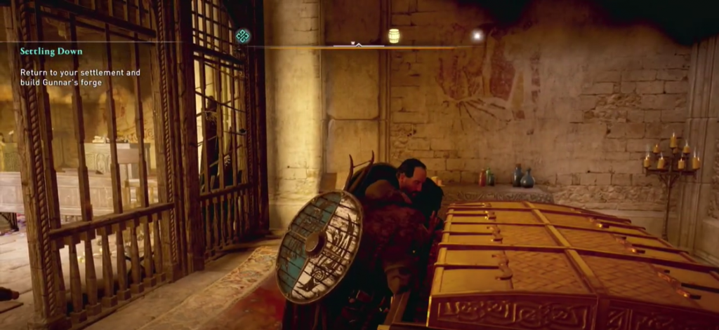 Assassin's Creed Valhalla Raiding Monastery Assassin's Creed Valhalla looting a large golden chest in an English monastery