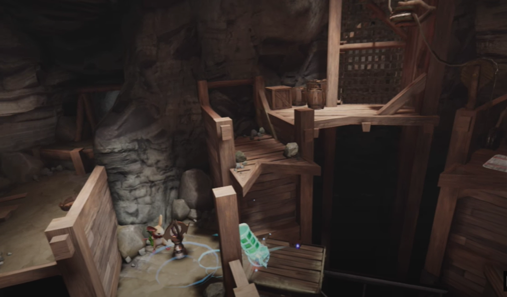 Moss VR Quill activating a switch to move an enemy across a platform in the mining tunnel level