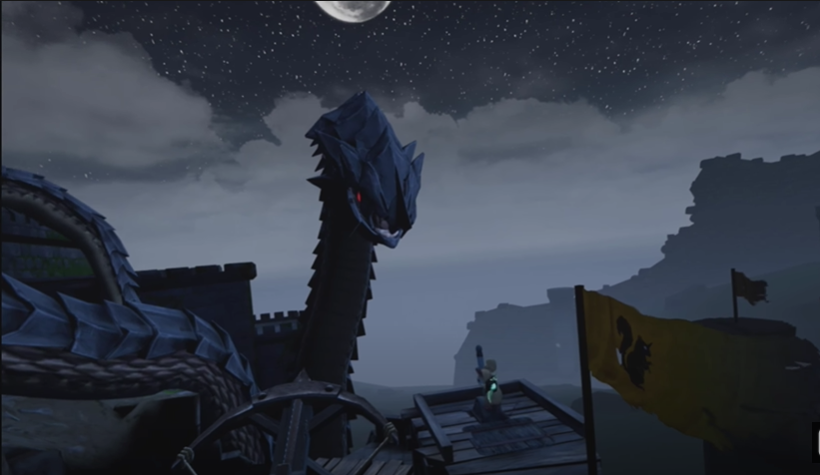 Moss hero Quill fighting Scarffog the giant serpent on top of the castle with a giant crossbow