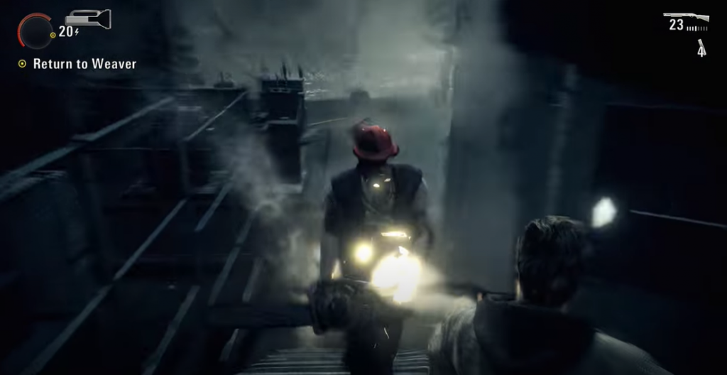 Alan Wake a shadow person carrying a chainsaw chasing after wake