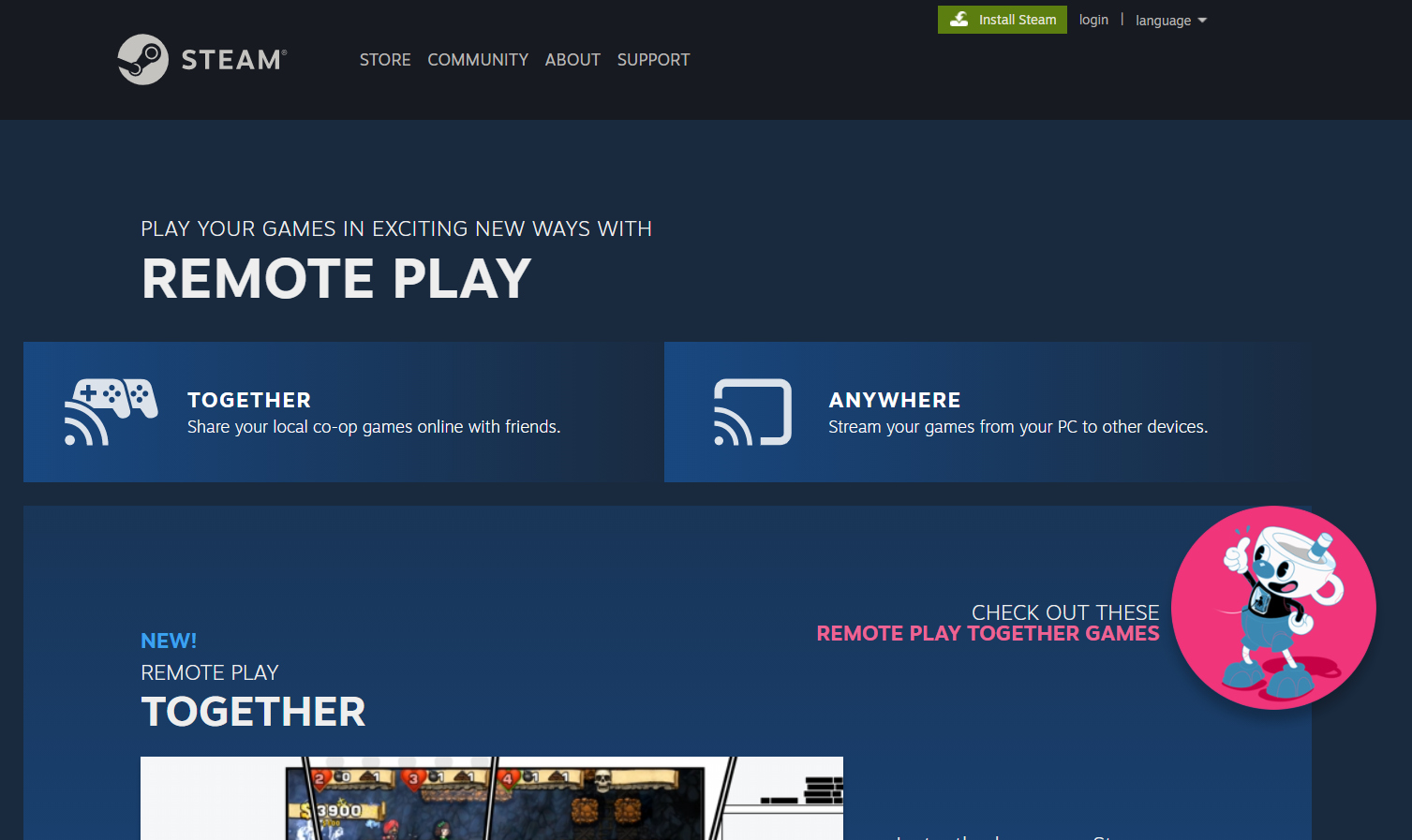 Steam Remote Play Home screen with anywhere and play with anyone