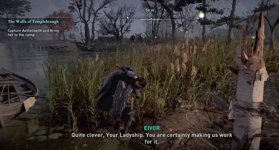 Assassin's Creed Valhalla Kidnapping Aethelswith AC Valhalla Aethelswith tied up and thrown over Eivor's shoulder next to a boat