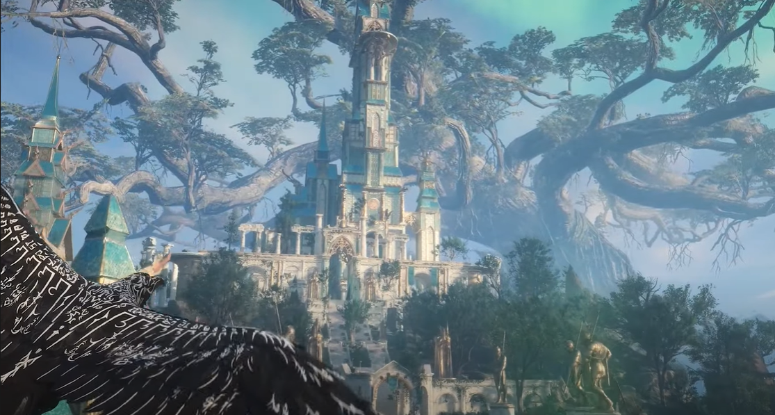 AC Valhalla Asgard fly by yggdrasil the giant tree and ornate golden buildings