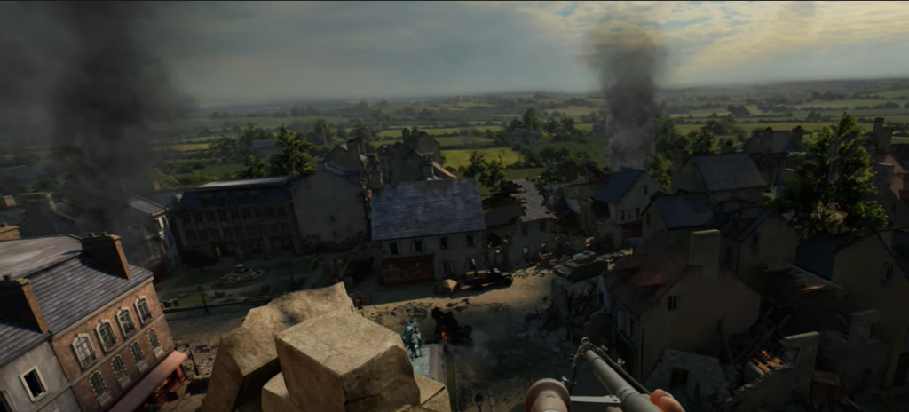 Medal of Honor Above and Beyond overlooking French city bombed and burning below