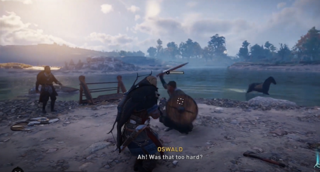 Assassin's Creed Valhalla Eivor Fighting Oswald Assassin's Creed Valhalla Eivor fighting Thegn Oswald on an island while Finnr watches
