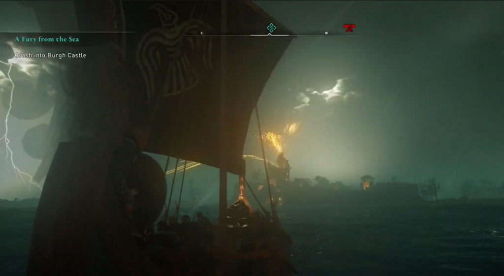 Assassin's Creed Valhalla Attack on Burgh Castle AC Valhalla sailing through a lightning storm with flaming arrows flying overhead and Burgh castle in the background