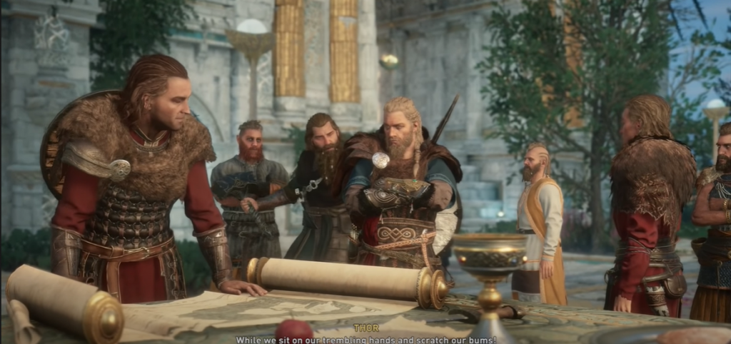Assassin's Creed Valhalla the great hall of Asgard meeting with the gods Tyr, Havi (odin), Thor, Freyja and Loki