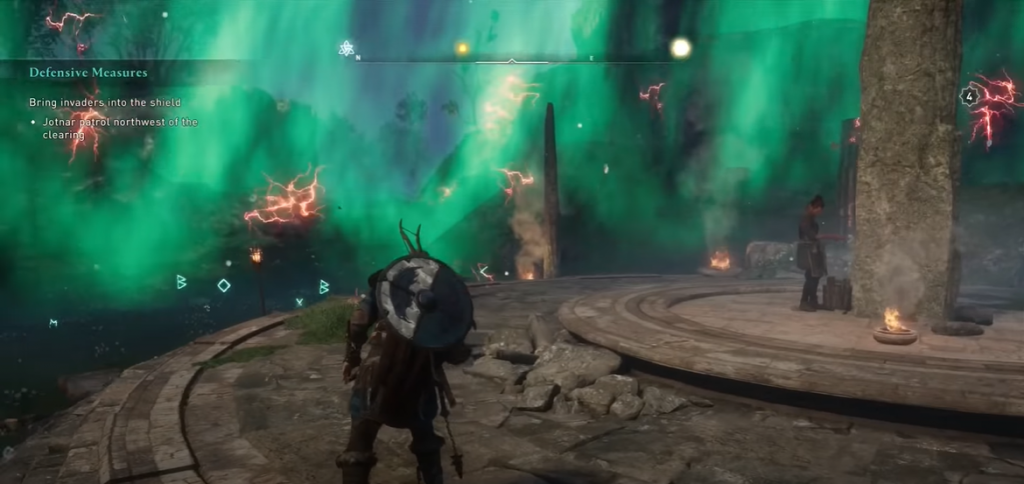 Assassin's Creed Valhalla Eivor watching the builder's demonstration of his Asgard shield 