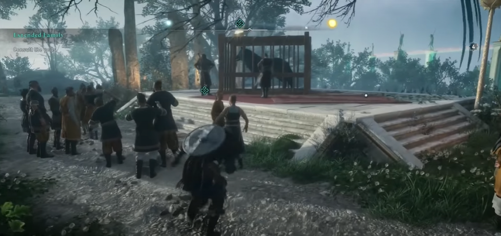 AC Valhalla Asgard crowd in front of giant caged wolf