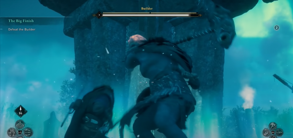 Assassin's Creed Valhalla fighting the builder, a giant blue jotnar swinging a war hammer in the tower he built to contain Havi