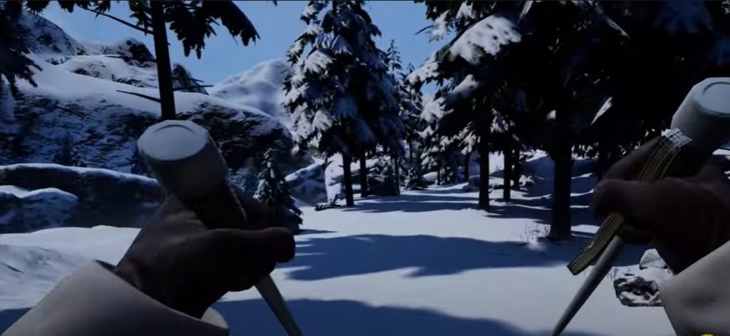 Medal of Honor Above and Beyond holding up the ski poles while skiing down the snowy trails of the Norway alps among snow covered trees
