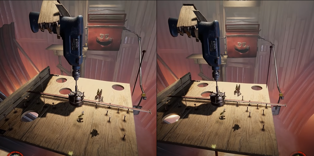 It Takes Two fighting the evil toolbox as it throws nails down, cuts holes in the wood platform