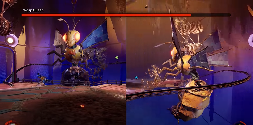 It Takes Two Coop fight with robot wasp queen with rail running along the back and surrounded by a swarm of bees