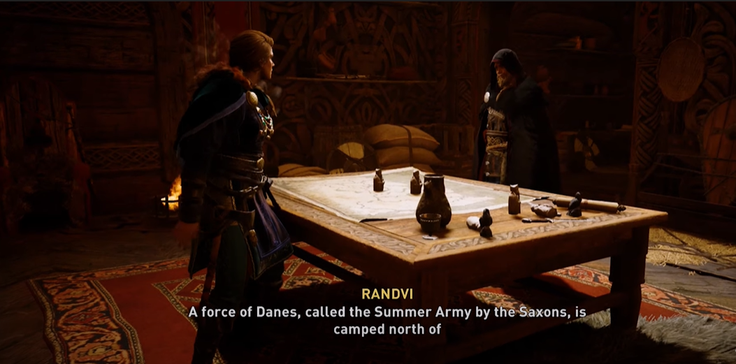 AC Valhalla alliances table with Eivor and Randvi overlooking the chess pieces