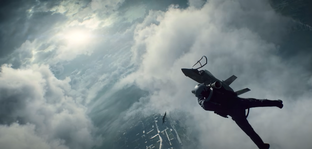 Battlefield 2042 jet trick shot with guy ejected holding a rocket launcher aimed at an enemy jet in the clouds