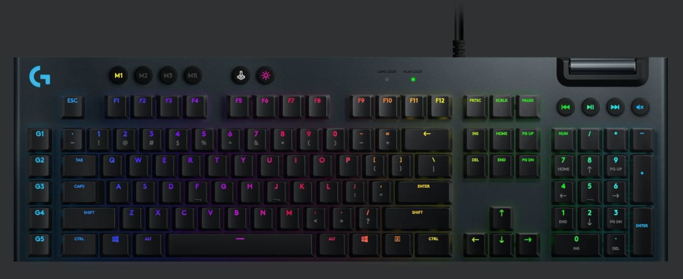 Logitech G815 LIGHTSYNC RGB Mechanical Gaming Keyboard with Low Profile GL Clicky key switch, 5 programmable G-keys, USB Passthrough, dedicated media control - Clicky – Black