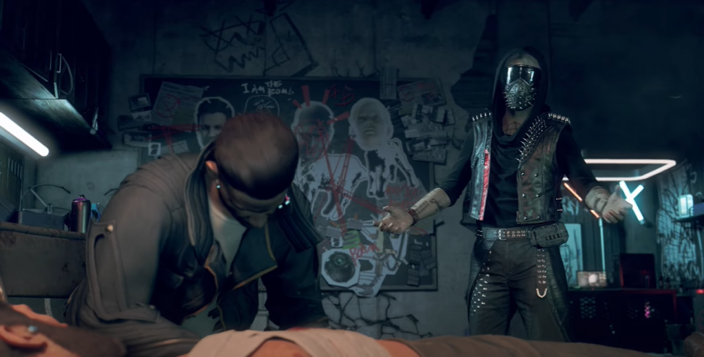 Watch Dogs Bloodline DLC Wrench Watch Dogs Bloodline DLC Wrench in his spike leather jacket with LED mask next to Aiden and Jackson Pearce