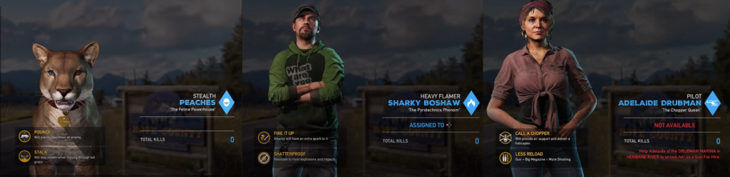 Far Cry 5 Specialists Peaches, Sharky and Adelaide Far Cry 5 stats page for specialists Peaches the mountain lion, Sharky Boshaw the heavy flamer and Adelaide Drubman the helicopter pilot