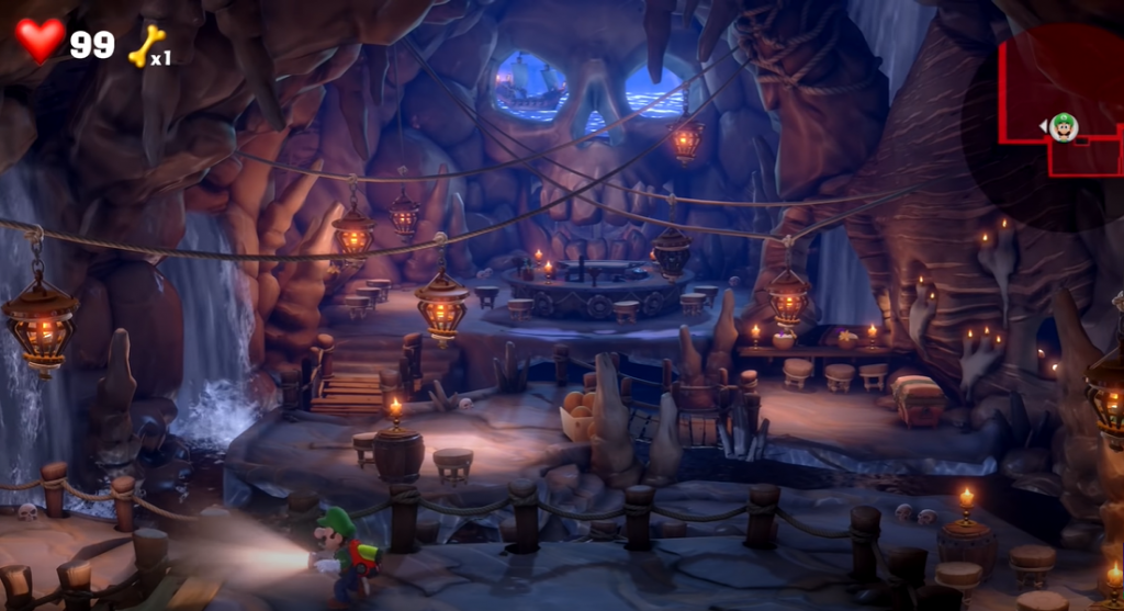 Luigi's Mansion 3 pirate cave with hanging lights and skull made of rocks