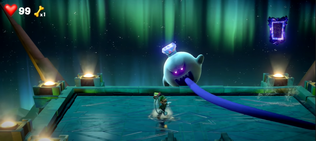 Luigi's Mansion 3 game Big Boo lashing his tongue across the hotel roof