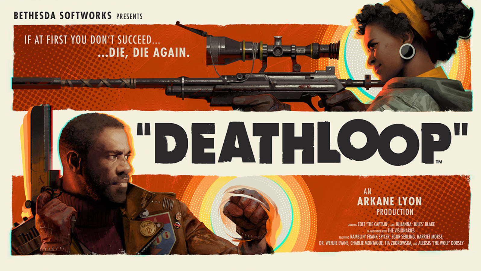 Deathloop logo Colt on the bottom and Julianna with a sniper rifle on top