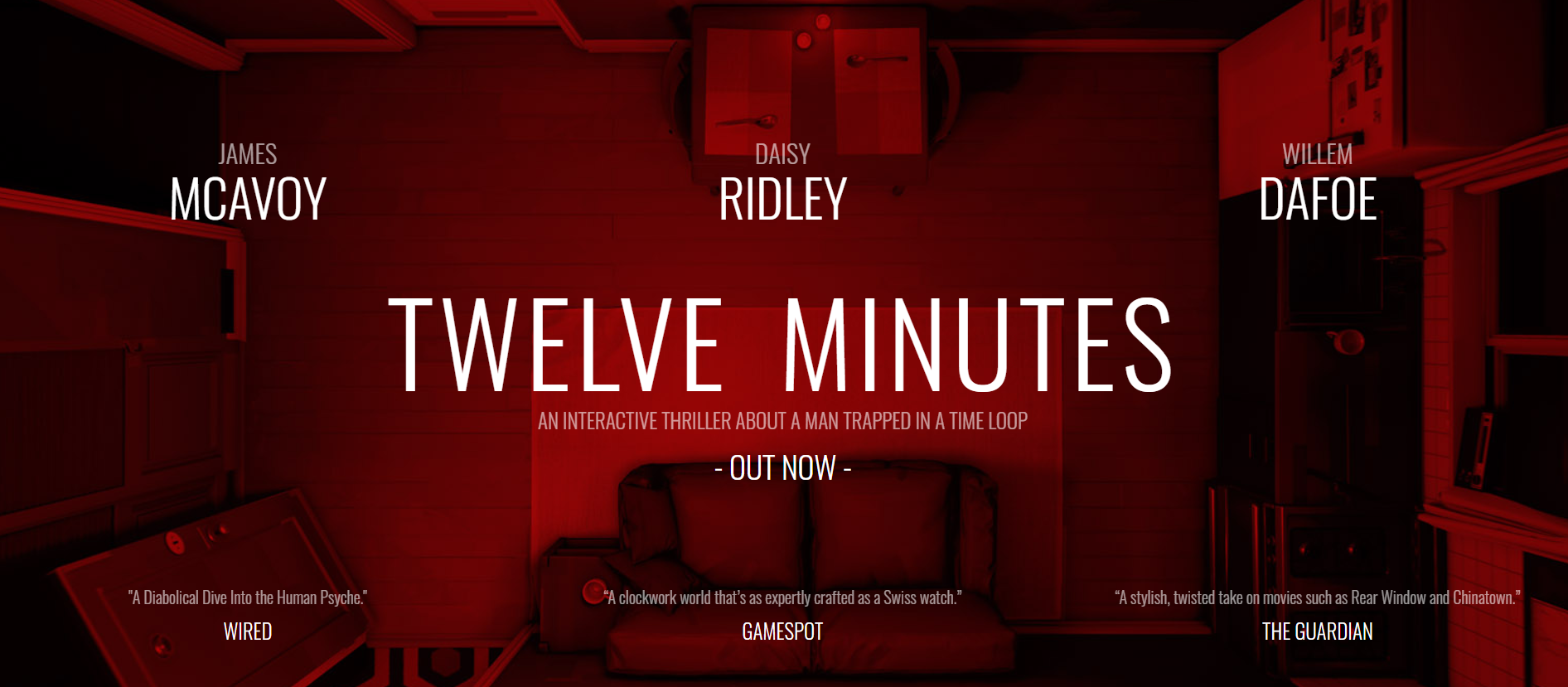 Twelve Minutes game logo in red and black with awards mentioned