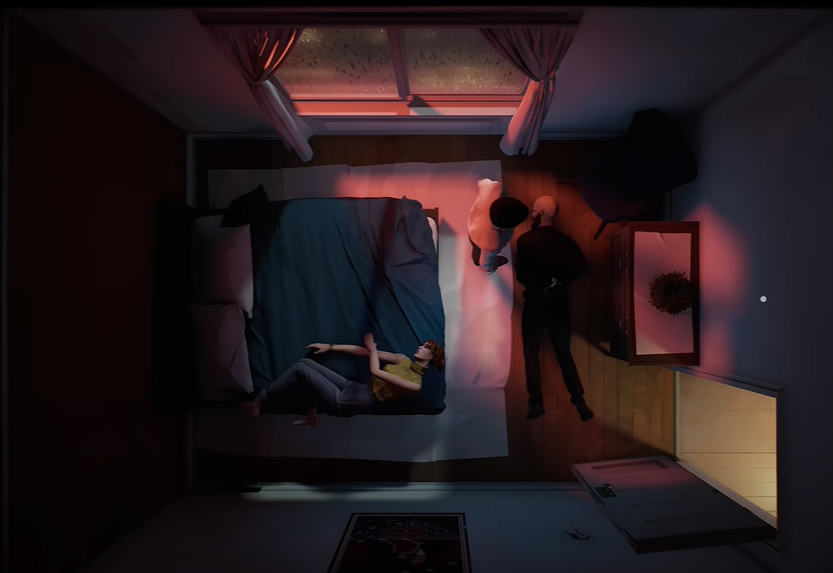 Twelve Minutes Bedroom Twelve Minutes bedroom with wife on bed, cop zip tied on the floor and husband standing over him