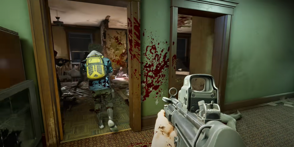 Back 4 Blood Gameplay Back 4 Blood gameplay shooting guns in blood splattered halways