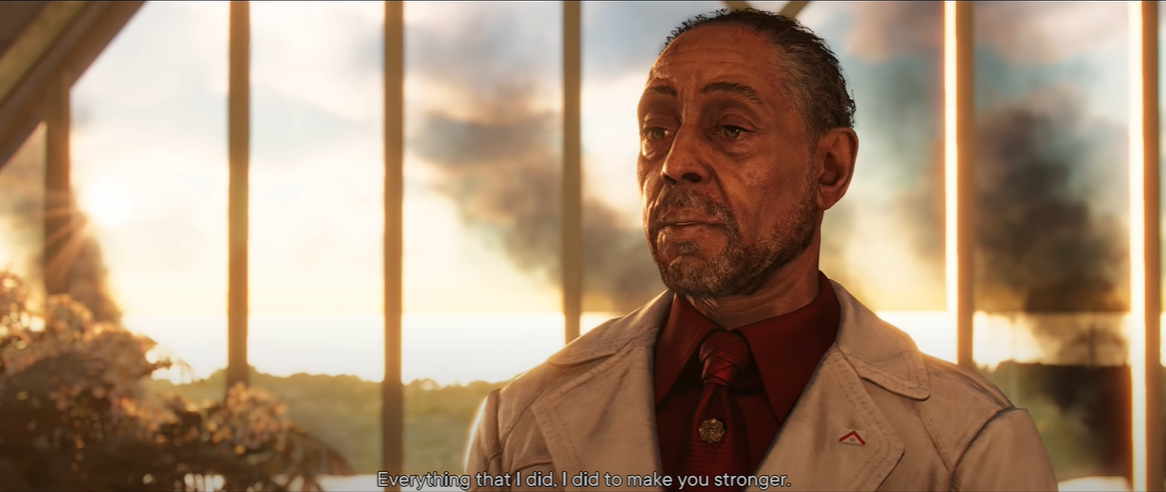 Far Cry 6 Anton Castillo with Esperanza burning behind him