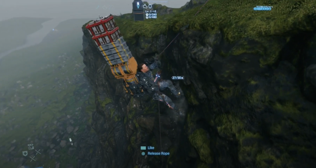 Sam Porter Rope Climb Death Stranding Sam Porter carrying a large stack of cargo up a mountain using rope