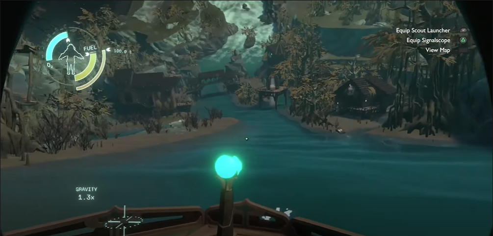 Outer Wilds Echoes of the Eye DLC Outer Wilds Echoes of the Eye DLC the Stranger planet surface riding a raft on rapids