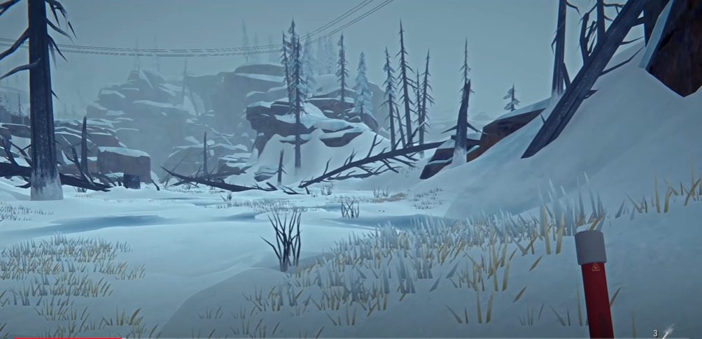 The Long Dark walking through snow covered hills with mountains in the backround while carrying flare