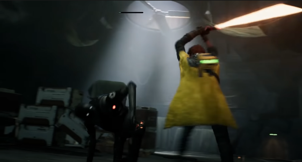 Cal Kestis Swings the Orange Lightsaber Star Wars Jedi Fallen Order Cal Kestis swinging an orange lightsaber with BD-1 on his back