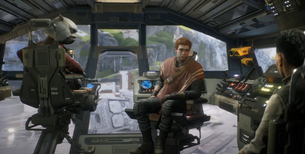 Crew of the Mantis Discussing the Mission Star Wars Jedi Fallen Order Mantis crew in the cockpit with Greeze, Cal Kestis, BD-1 and Cere