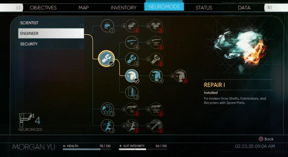 Prey Game Engineer upgrade settings for Repair 1